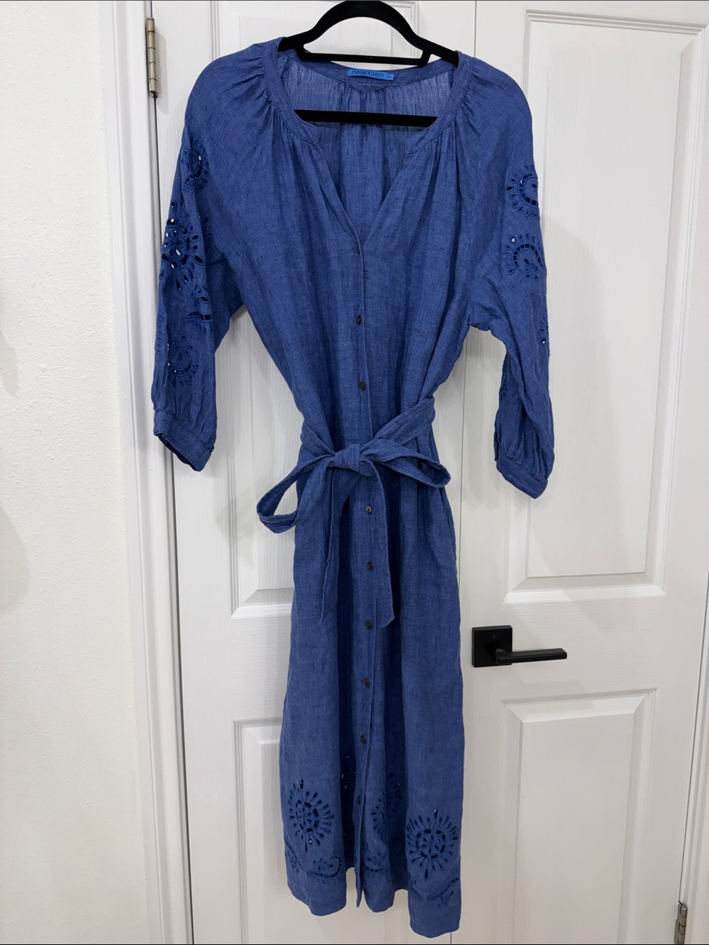 J. McLaughlin Blue Linen Eyelet Belted Midi Shirt Dress Size M